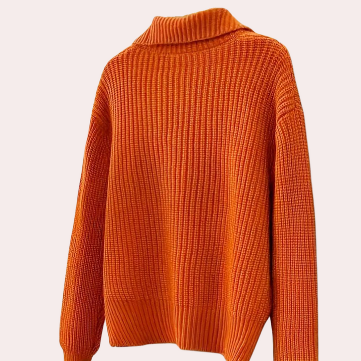 Oranje gebreide trui met col, damesmode, herfstkleding, warme en comfortabele stijl, trendy en stijlvol design, perfect voor koud weer.