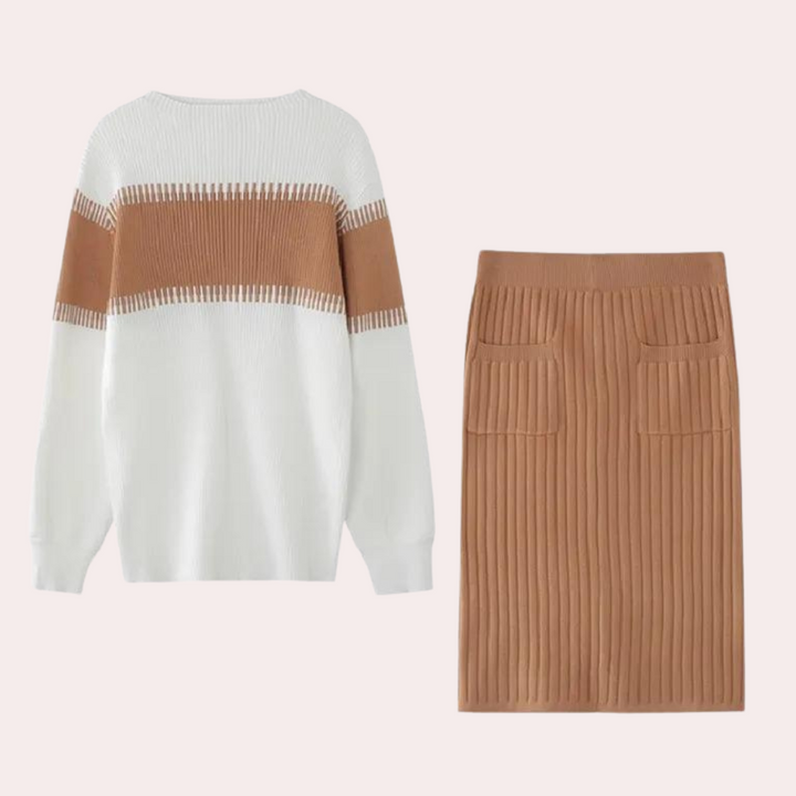 Bruin-witte gebreide trui en rok set, damesmode, herfst-winter outfit, comfortabele en stijlvolle kleding, trendy gebreide kleding.