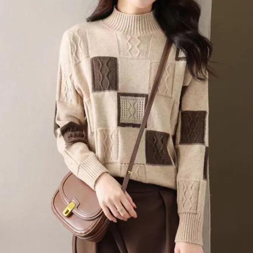 Damestrui met beige en bruine vierkanten, kabelpatroon, lange mouwen. Modieuze herfstkleding, casual stijl, geschikt voor dagelijks gebruik.