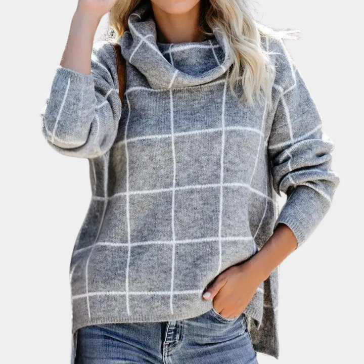 Grijze geruite trui met col, damesmode, casual herfstkleding, zachte stof, lange mouwen, trendy design, perfect voor dagelijks gebruik.