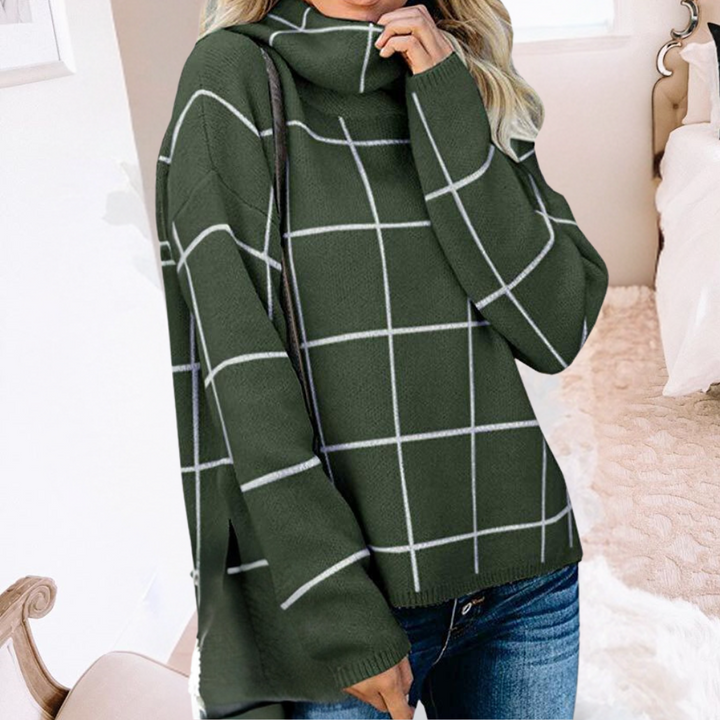 Groene geruite trui dames, oversized pasvorm, coltrui, casual wintermode, trendy kleding, comfortabele stijl, geschikt voor dagelijks gebruik.