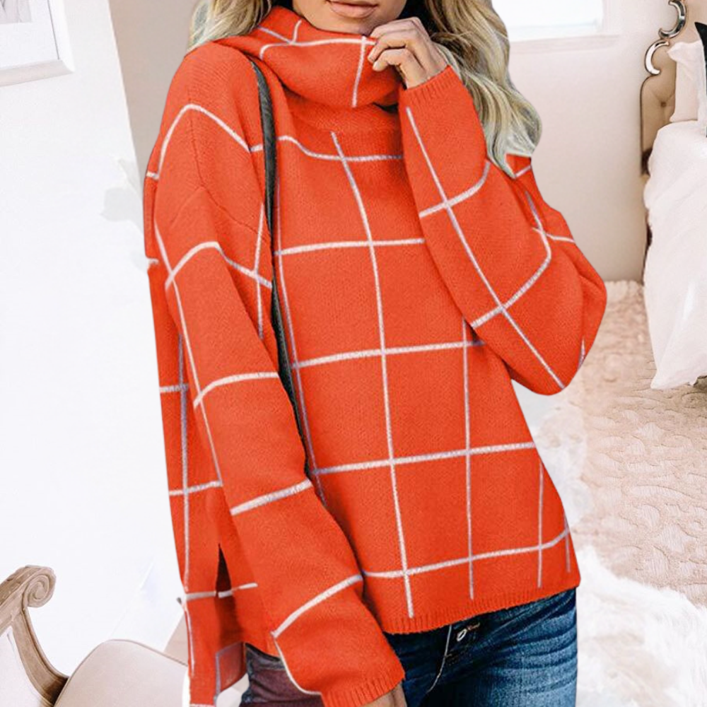 Oranje geruite trui damesmode, stijlvolle coltrui met witte lijnen, casual herfst- en winterkleding, trendy outfit voor dagelijks gebruik.