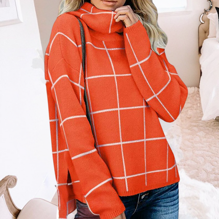 Oranje geruite trui damesmode, stijlvolle coltrui met witte lijnen, casual herfst- en winterkleding, trendy outfit voor dagelijks gebruik.