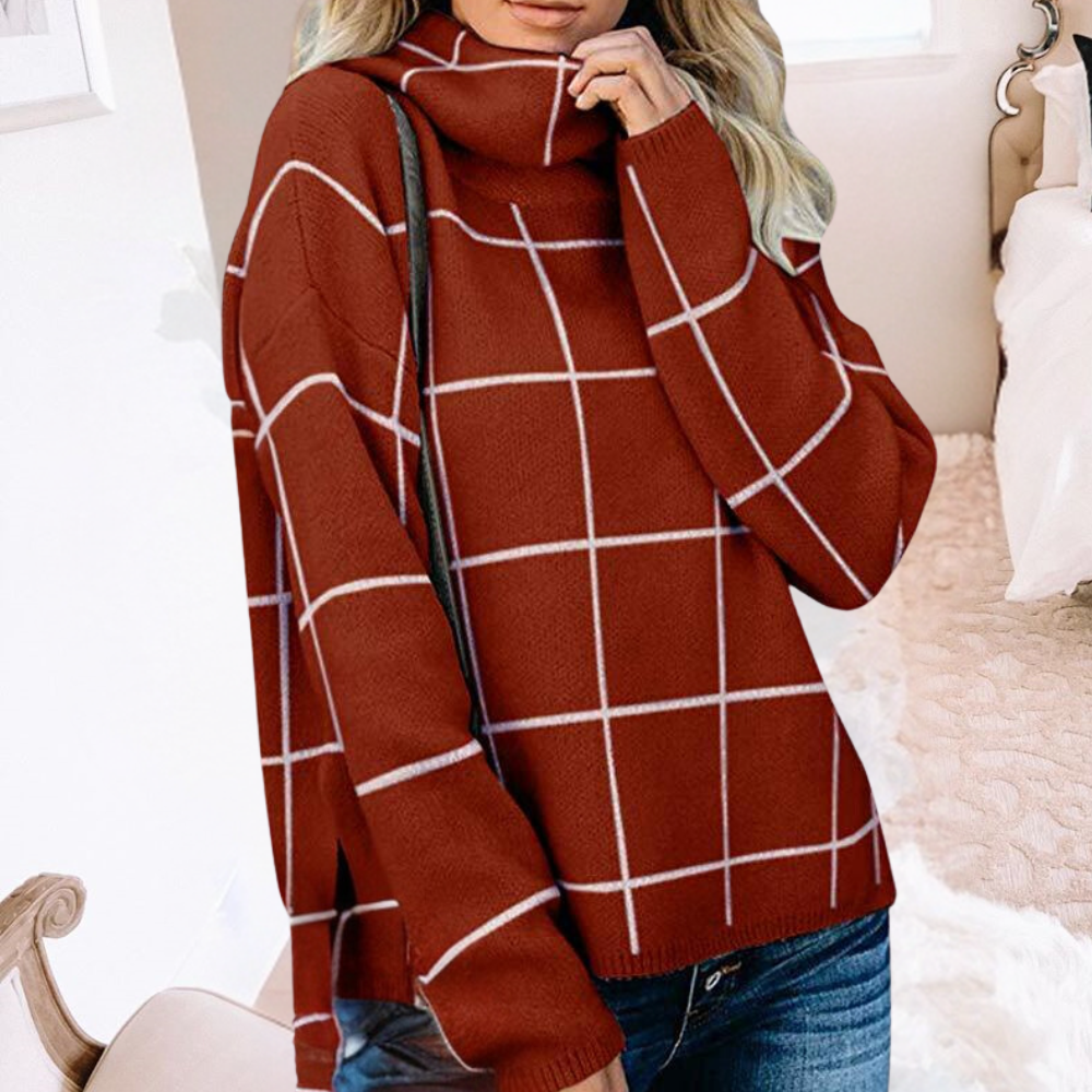Rode geruite trui met col, damesmode, herfst-winter stijl, casual en comfortabel, perfect voor dagelijks gebruik, trendy kledingstuk.