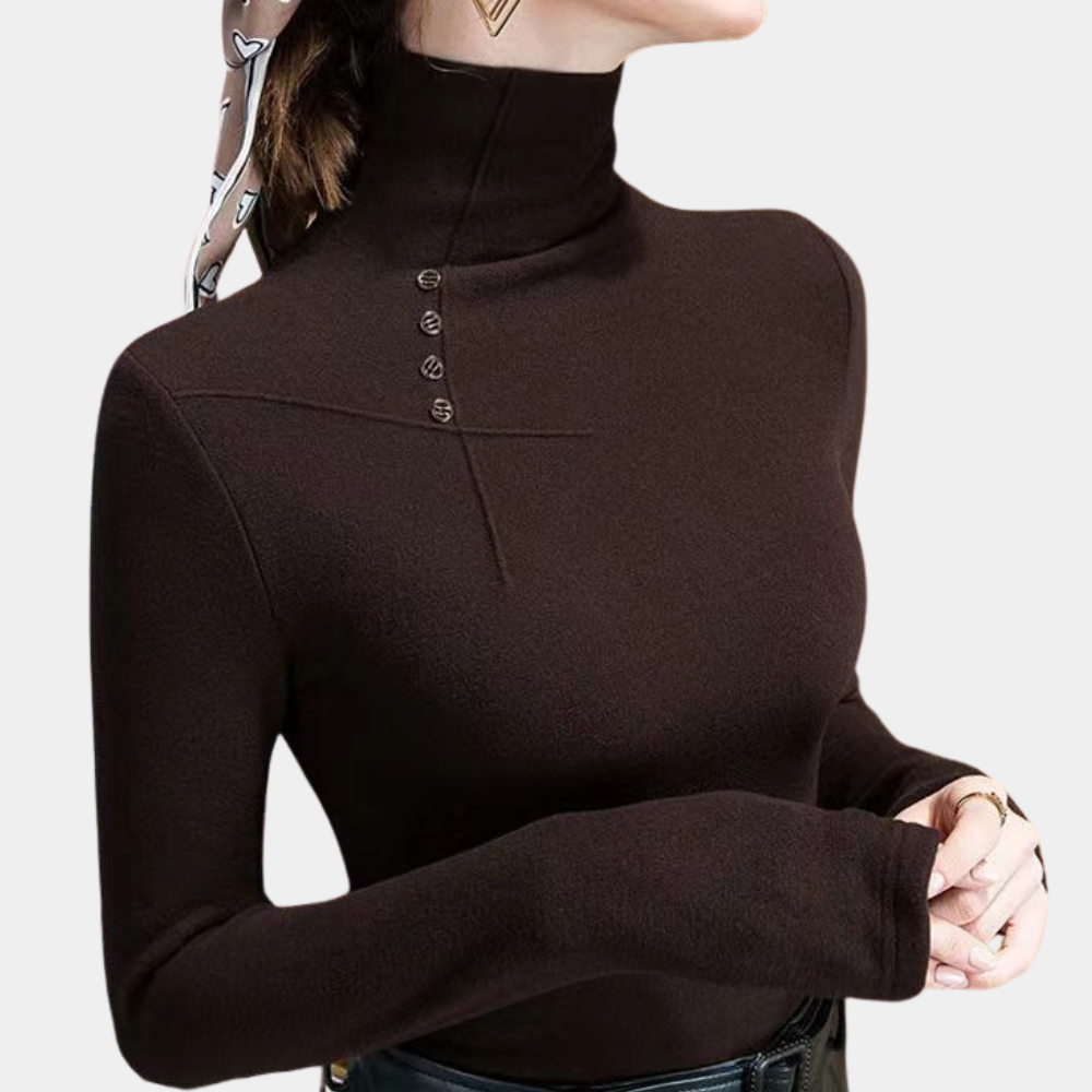 Donkerbruine coltrui dames, lange mouwen, knoopdetails, modieuze herfst- en winterkleding, stijlvolle en elegante uitstraling, comfortabele pasvorm.