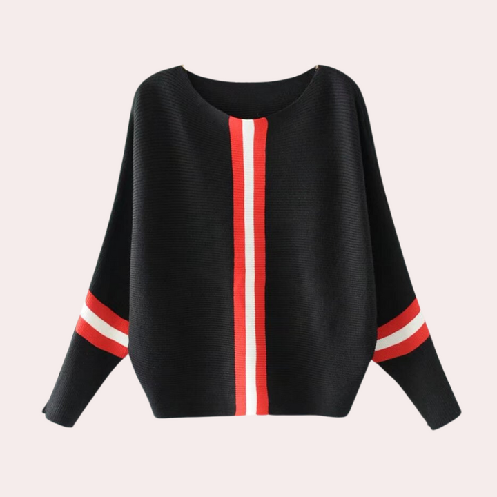 Zwarte trui met rode en witte strepen, damesmode, oversized pasvorm, casual stijl, herfst- en winterkleding, trendy en comfortabel ontwerp.