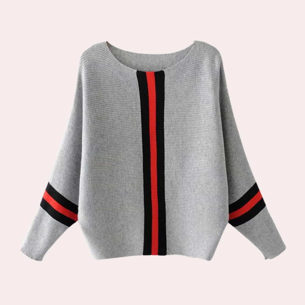 Grijze damestrui met rode en zwarte strepen, lange mouwen, casual stijl, comfortabele pasvorm, modieuze herfst- en winterkleding.