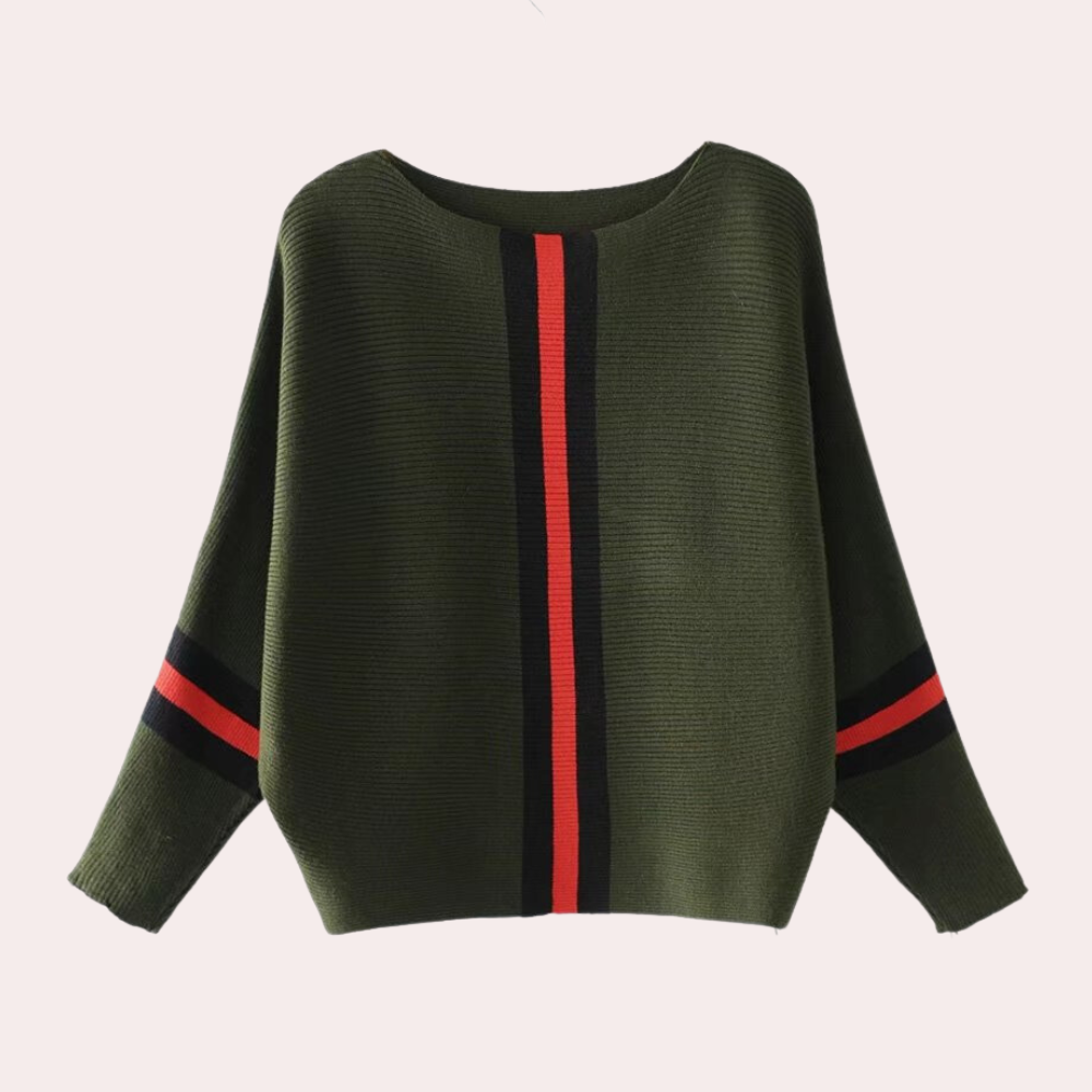 Groene oversized trui met lange mouwen, zwarte en rode strepen, damesmode, herfstkleding, comfortabele casual stijl, trendy design.