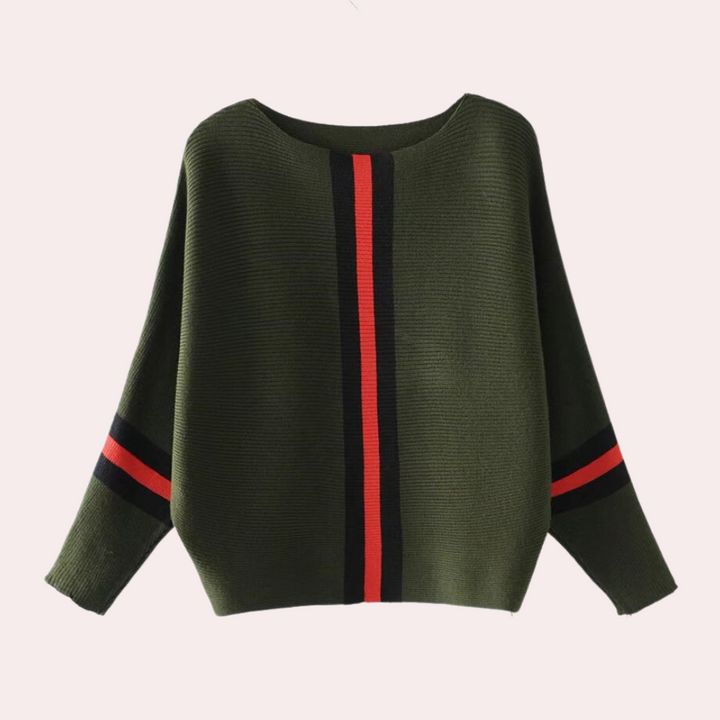 Groene oversized trui met lange mouwen, zwarte en rode strepen, damesmode, herfstkleding, comfortabele casual stijl, trendy design.