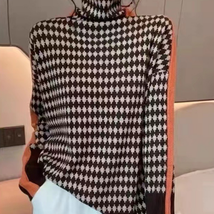 Oranje en zwart geruite coltrui met lange mouwen, damesmode, herfst-winter kleding, trendy en stijlvol design, comfortabele pasvorm.