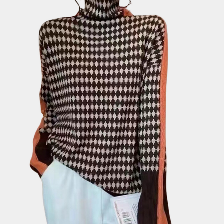 Damestrui met pied-de-poule patroon, coltrui, zwart-wit met bruine accenten, modieuze herfstkleding, stijlvolle damesmode.
