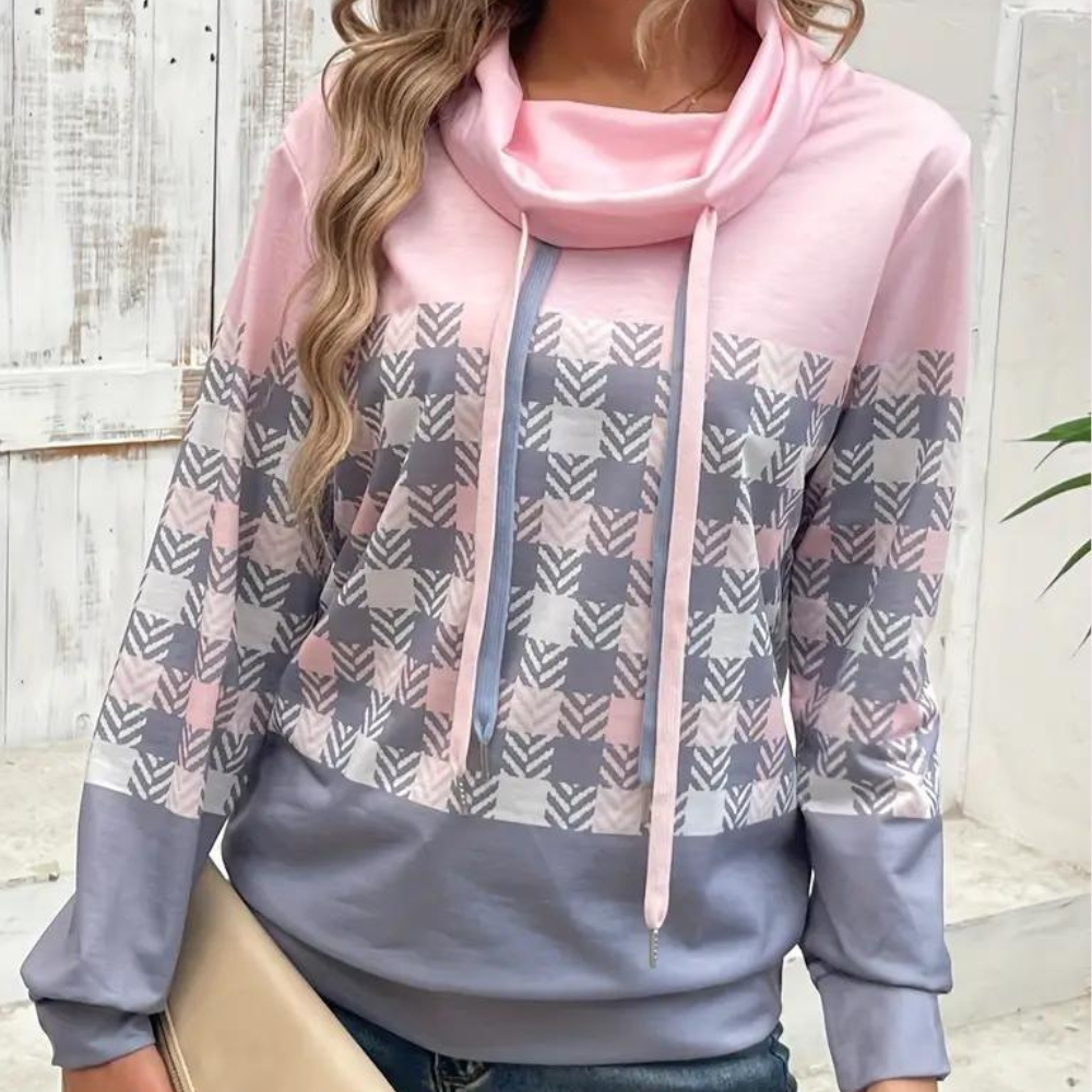 Roze en grijze damestrui met geruit patroon en col, casual mode, lange mouwen, comfortabele pasvorm, trendy herfst- en winterkleding.