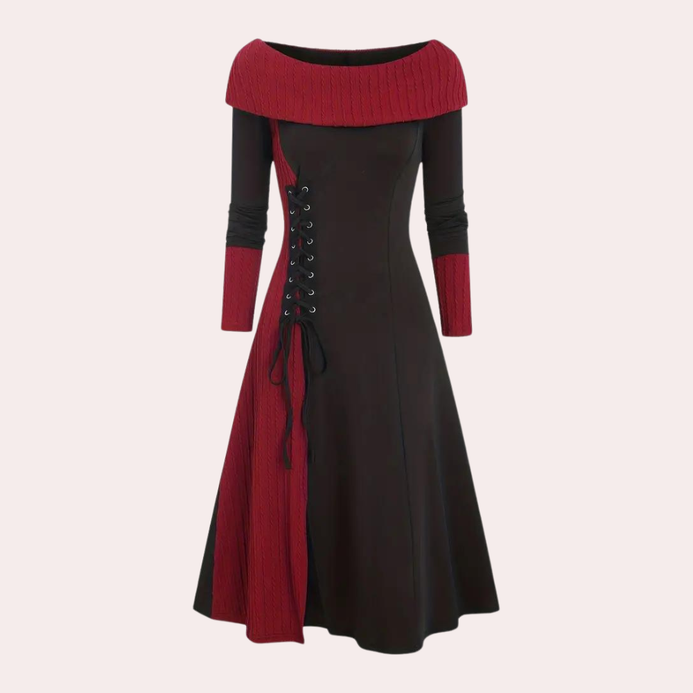 Wijnrode vintage jurk met boothals, lange mouwen en korsetvetering. Elegante damesmode, perfect voor herfst- en winterseizoenen.