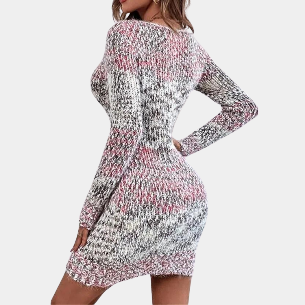 Rode gebreide jurk met lange mouwen, getailleerd ontwerp, damesmode, herfstkleding, comfortabele en stijlvolle outfit, trendy kledingstuk.