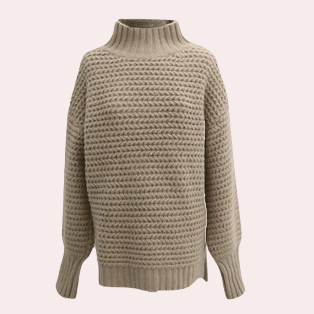 Beige gebreide trui met hoge hals en lange mouwen, damesmode, herfst-winter kleding, comfortabele en stijlvolle wollen trui, casual outfit.