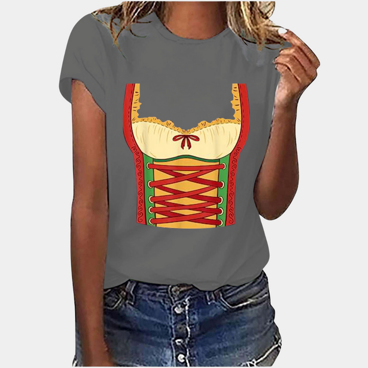 Grijze dames T-shirt met kleurrijke korsetprint, casual mode, korte mouwen, ideaal voor trendy outfits. Perfect voor dagelijks gebruik.