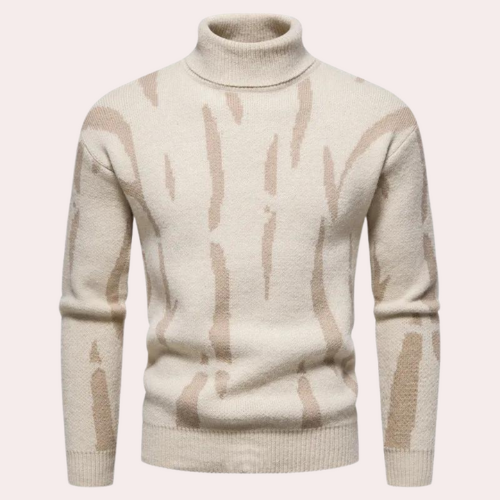 Beige coltrui met abstract patroon, herenmode, warme wintertrui, gebreid design, stijlvolle kleding, Kostas collectie.