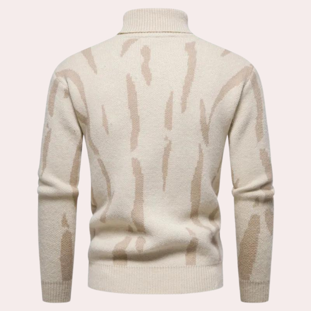 Beige heren trui met abstract patroon, coltrui ontwerp, gemaakt van zachte stof. Perfect voor herfst- en wintermode. Comfortabel en stijlvol.