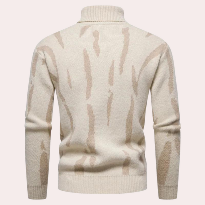 Beige heren trui met abstract patroon, coltrui ontwerp, gemaakt van zachte stof. Perfect voor herfst- en wintermode. Comfortabel en stijlvol.