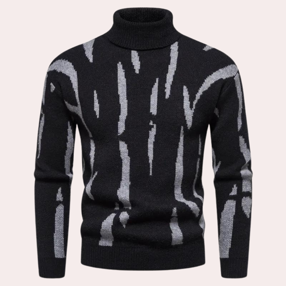 Zwarte coltrui met abstract grijs patroon, herenmode, warme wintertrui, stijlvol en comfortabel, geschikt voor casual en formele gelegenheden.