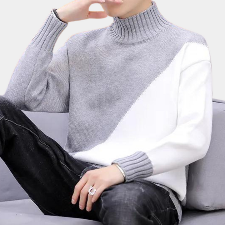 Grijze en witte coltrui voor heren, modern design, gebreid, comfortabele pasvorm, ideaal voor casual en stijlvolle winteroutfits.