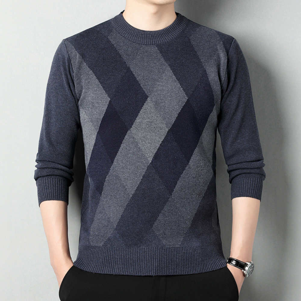 Grijze herentrui met ruitpatroon, lange mouwen en ronde hals. Stijlvolle casual outfit, perfect voor herfst- en wintermode.