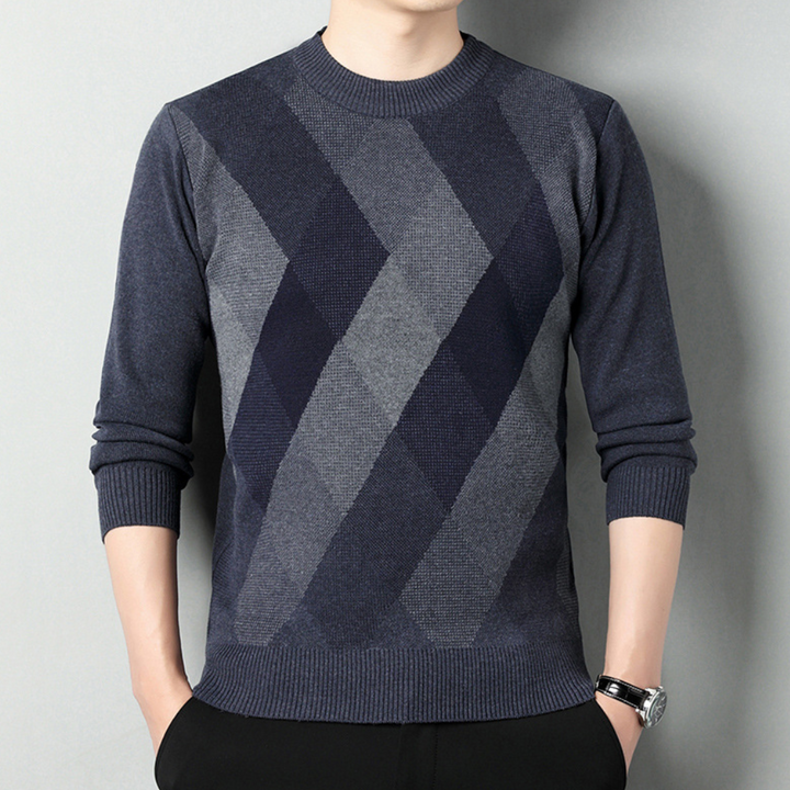 Grijze herentrui met ruitpatroon, lange mouwen en ronde hals. Stijlvolle casual outfit, perfect voor herfst- en wintermode.