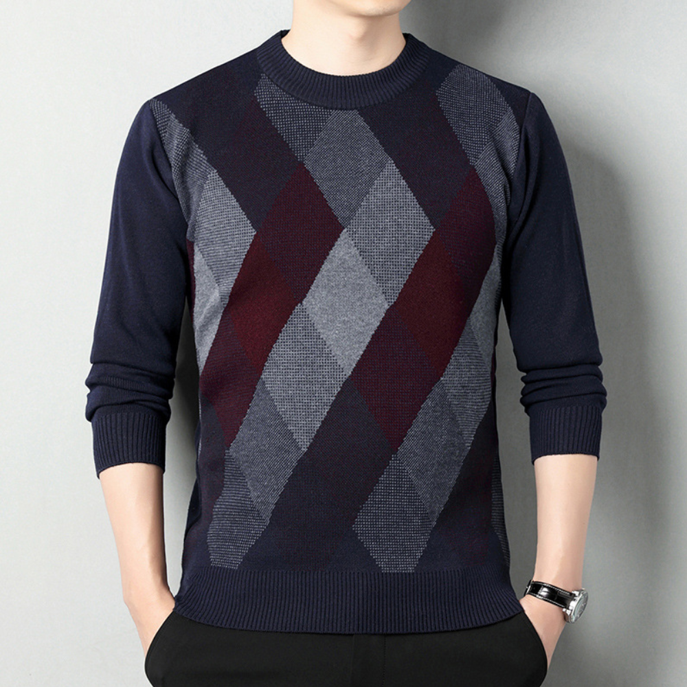 Donkerblauwe herentrui met ruitpatroon, lange mouwen en ronde hals. Stijlvolle casual kleding voor heren, perfect voor herfst en winter.
