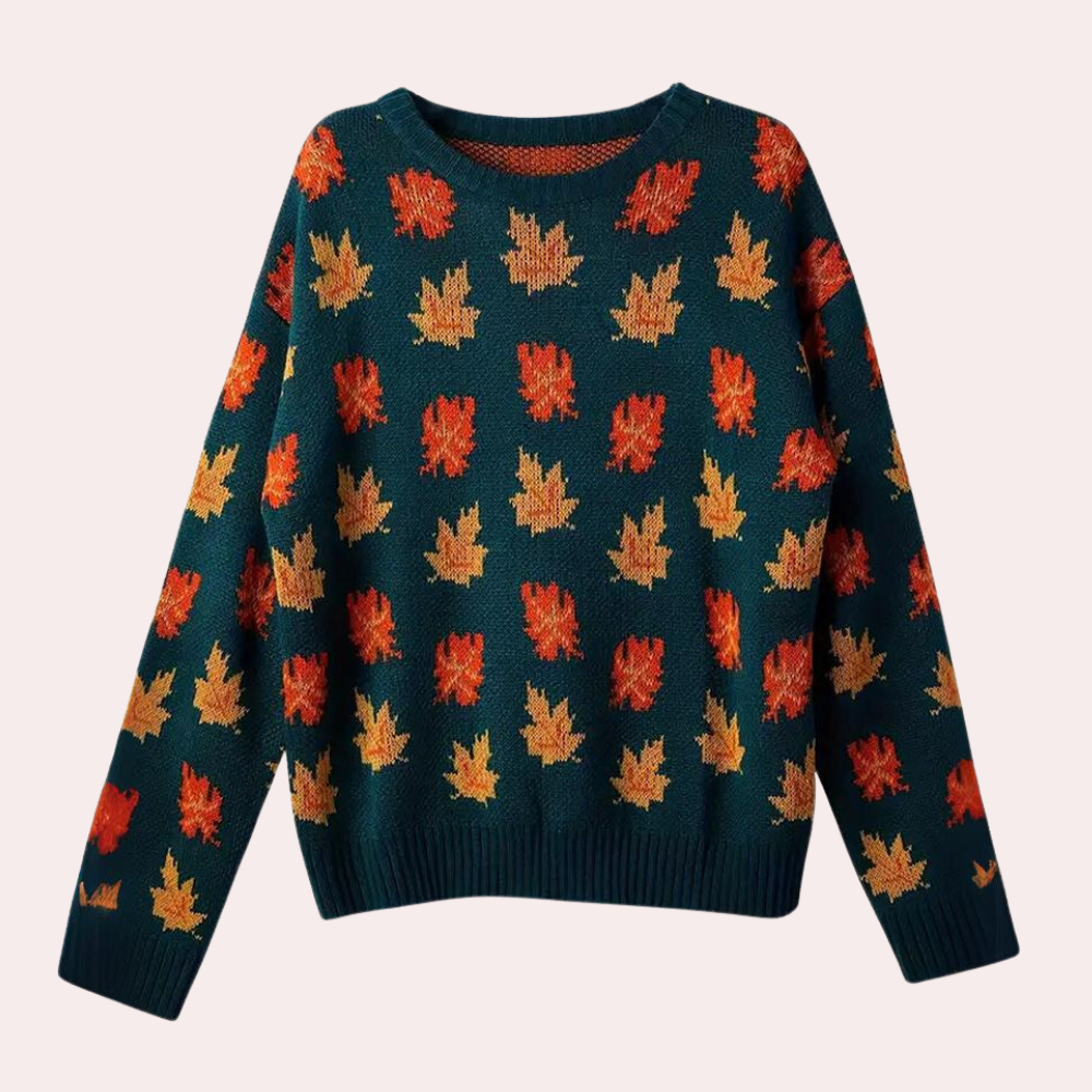 Groene trui met herfstbladeren patroon, damesmode, gebreide sweater, kleurrijke herfstkleding, comfortabele en stijlvolle herfsttrui.