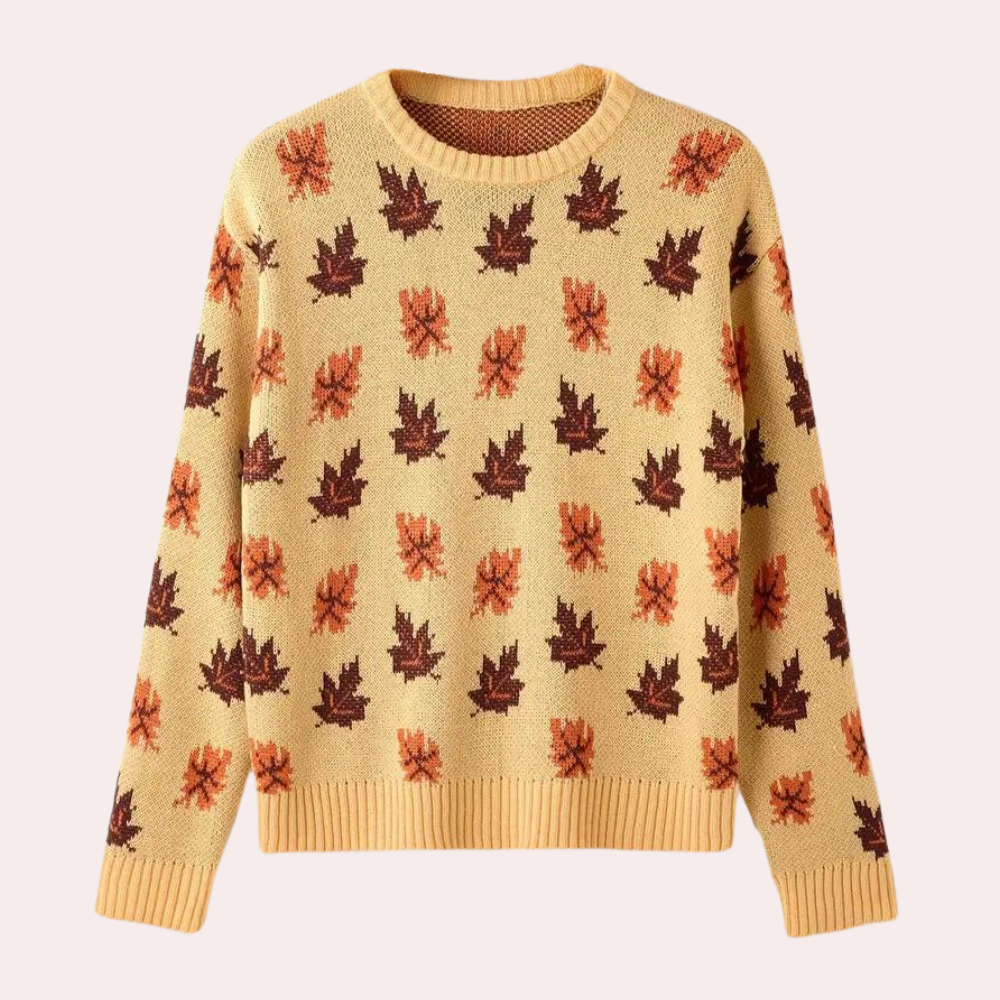 Khaki trui met herfstbladeren patroon, ronde hals en lange mouwen. Perfect voor herfstmode, warme en stijlvolle dameskleding.