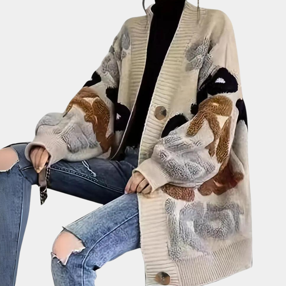 Dames oversized gebreid vest met abstract patroon, knopen en lange mouwen, in khaki. Perfect voor casual herfst- en winteroutfits.