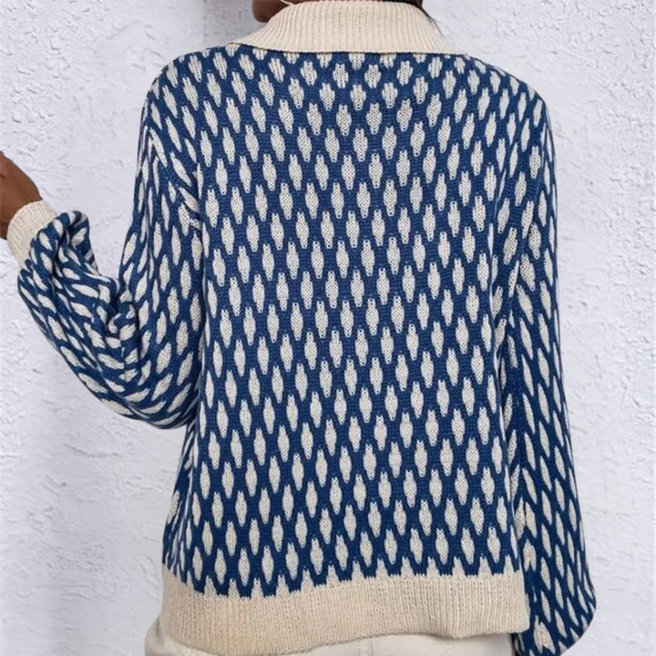 Blauwe en witte gebreide trui met visgraatpatroon, lange mouwen en beige boorden, perfect voor herfstmode en casual outfits.