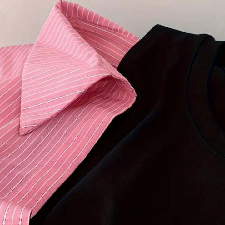 Roze gestreept overhemd en zwart T-shirt op witte achtergrond, stijlvolle kledingcombinatie, mode, casual outfit, moderne herenkleding.