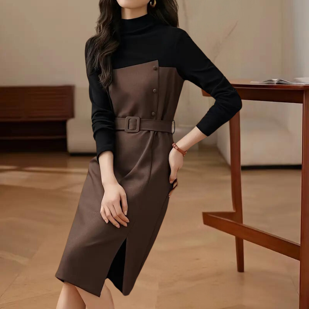 Elegante bruine jurk met zwarte coltrui, knopen en ceintuur, geschikt voor kantoor of zakelijke gelegenheden. Stijlvolle damesmode, herfstkleding.