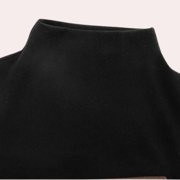 Zwarte coltrui met hoge kraag, minimalistisch ontwerp, close-up. Perfect voor herfst- en wintermode, veelzijdig en stijlvol kledingstuk.
