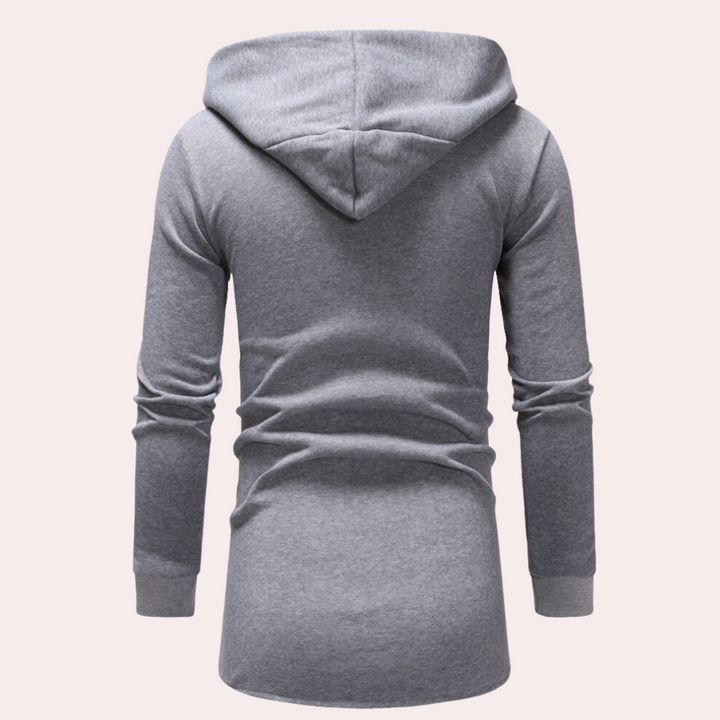 Grijze hoodie met capuchon, lange mouwen en casual pasvorm, achterkant. Comfortabele katoenen trui voor heren, ideaal voor dagelijks gebruik.