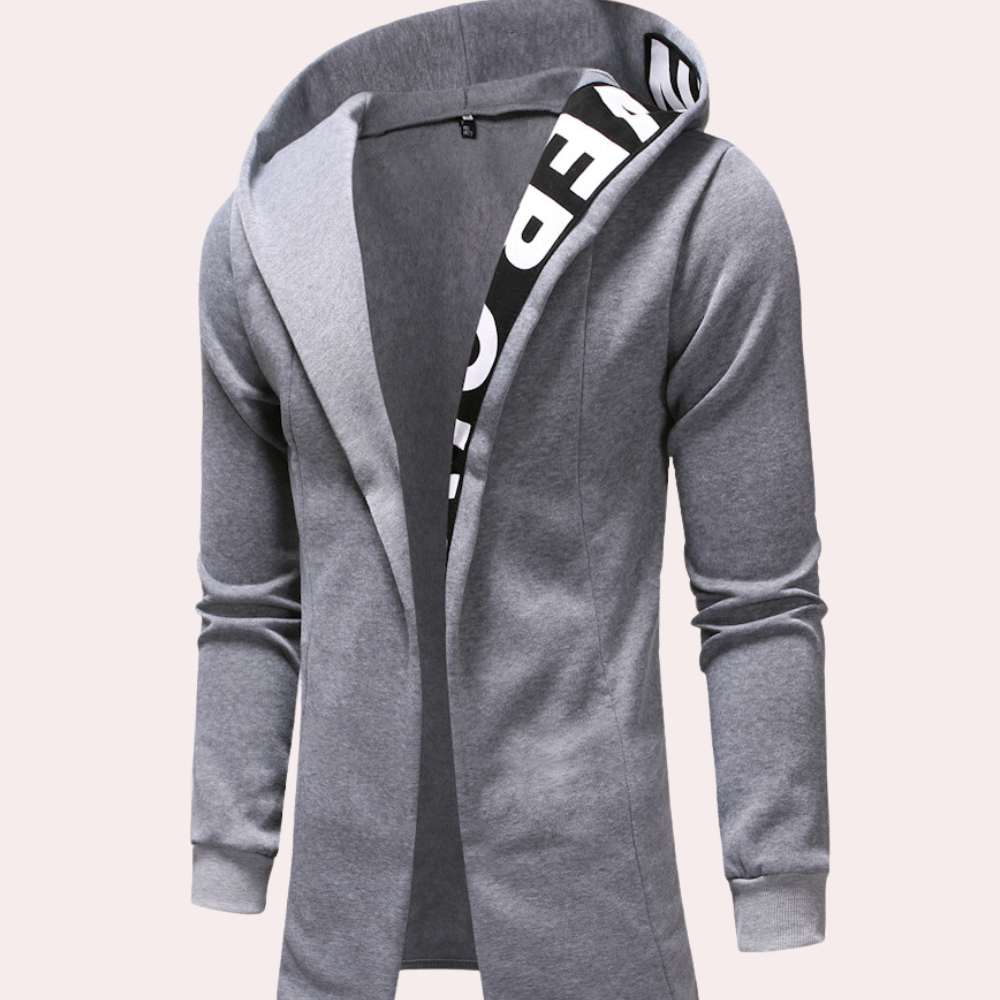 Grijze heren hoodie met capuchon, open voorkant en opvallende tekst op de binnenkant. Stijlvolle en comfortabele streetwear voor dagelijks gebruik.