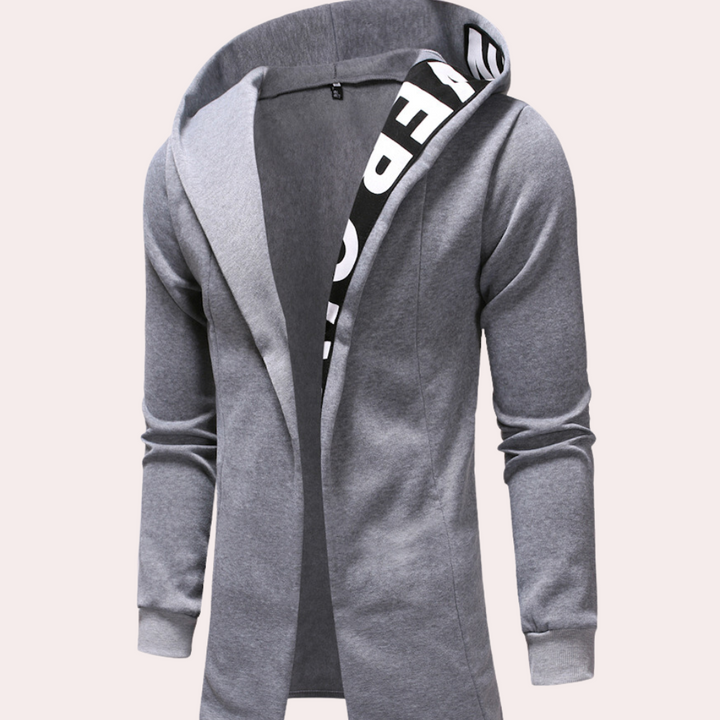 Grijze heren hoodie met capuchon, open voorkant en opvallende tekst op de binnenkant. Stijlvolle en comfortabele streetwear voor dagelijks gebruik.