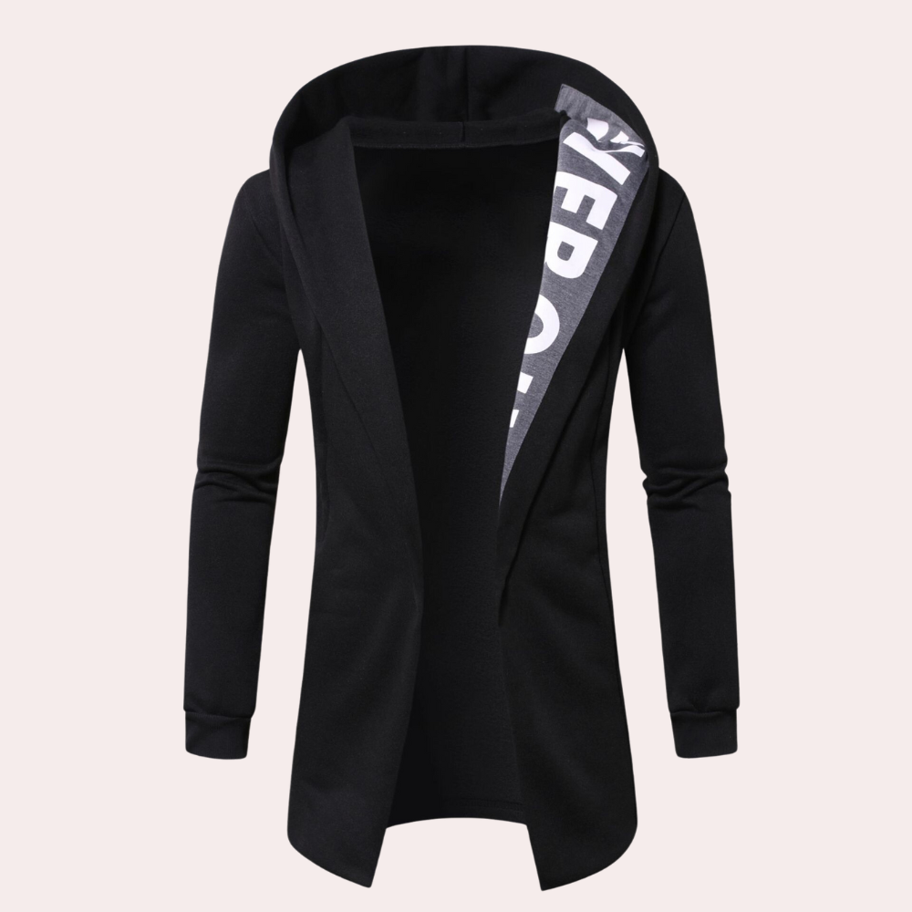 Zwarte hoodie met open voorkant en capuchon, moderne streetwear stijl, unisex ontwerp, comfortabele pasvorm, ideaal voor casual outfits.
