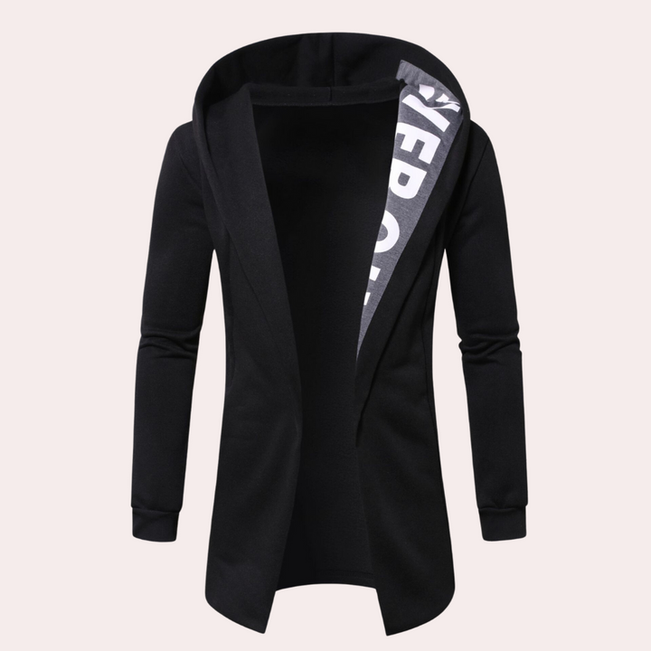 Zwarte hoodie met open voorkant en capuchon, moderne streetwear stijl, unisex ontwerp, comfortabele pasvorm, ideaal voor casual outfits.