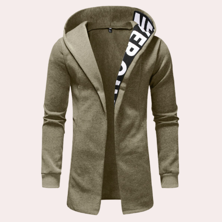 Khaki heren hoodie met open voorkant, capuchon en contrasterende binnenvoering. Stijlvolle casual kleding, perfect voor herfst en winter.