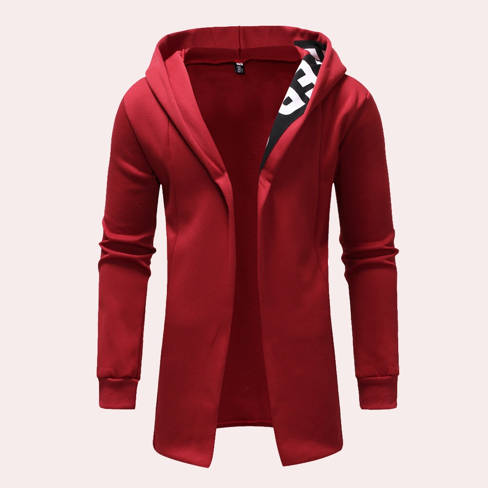 Rode heren hoodie met capuchon, open voorkant en zwart-witte voering. Stijlvolle casual kleding, perfect voor herfst en winter.