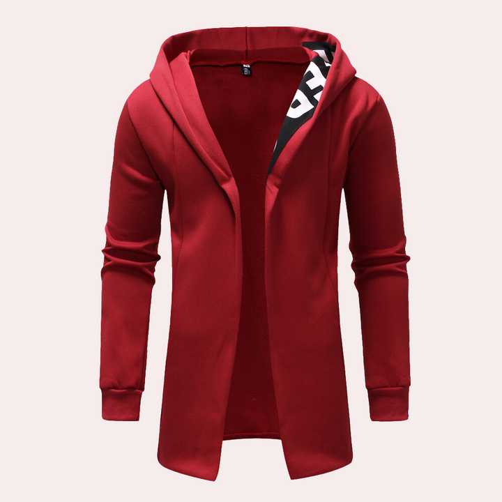 Rode heren hoodie met capuchon, open voorkant en zwart-witte voering. Stijlvolle casual kleding, perfect voor herfst en winter.