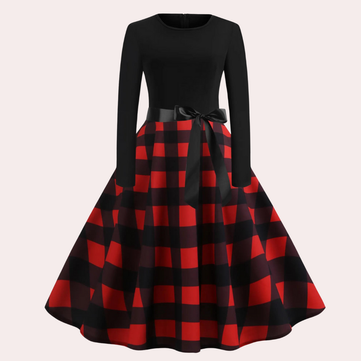 Zwart-rode geruite jurk met lange mouwen en strik, elegante vintage stijl, perfect voor feestelijke gelegenheden en modieuze dameskleding.