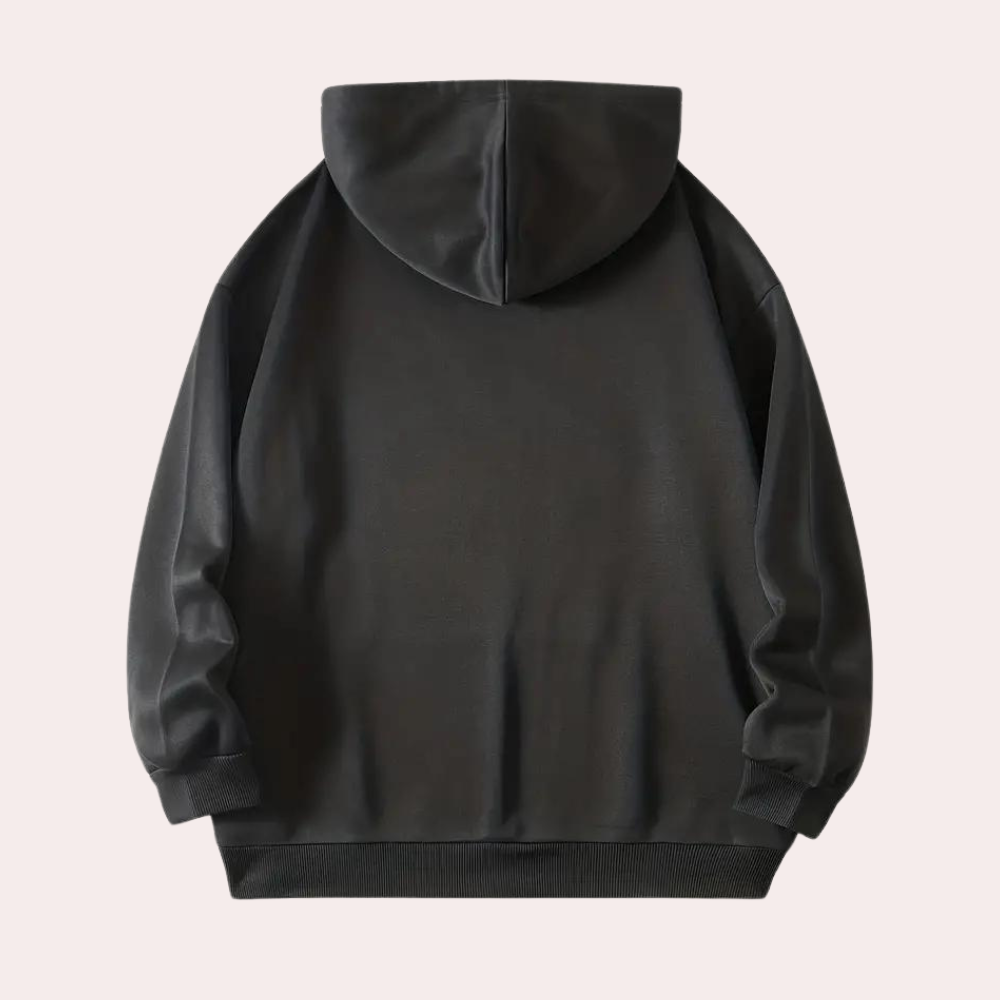 Zwarte unisex hoodie, achterkant, met capuchon en lange mouwen, casual streetwear, comfortabele katoenen stof, modieuze kleding.