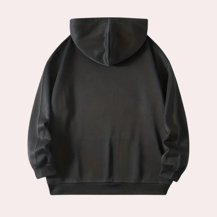 Zwarte unisex hoodie, achterkant, met capuchon en lange mouwen, casual streetwear, comfortabele katoenen stof, modieuze kleding.
