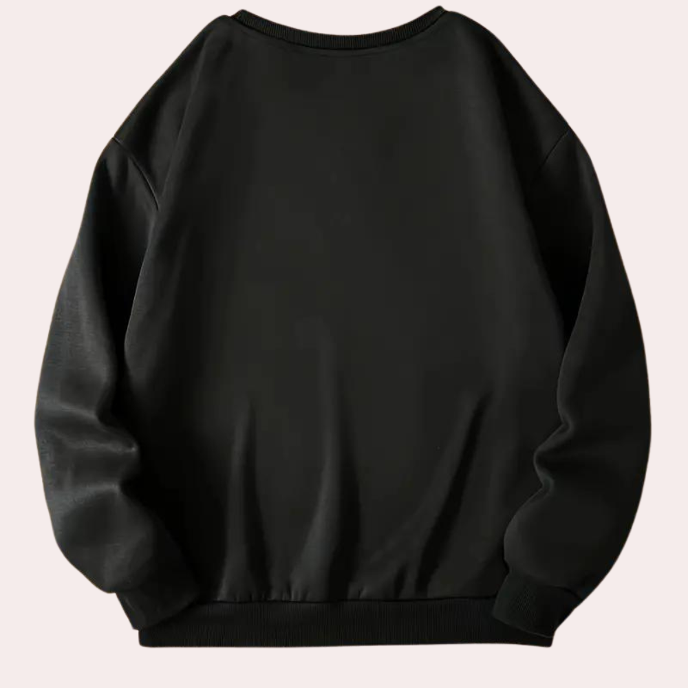 Zwarte oversized trui, achterkant, uniseks, casual stijl, lange mouwen, comfortabele pasvorm, modieuze streetwear, katoenen stof.