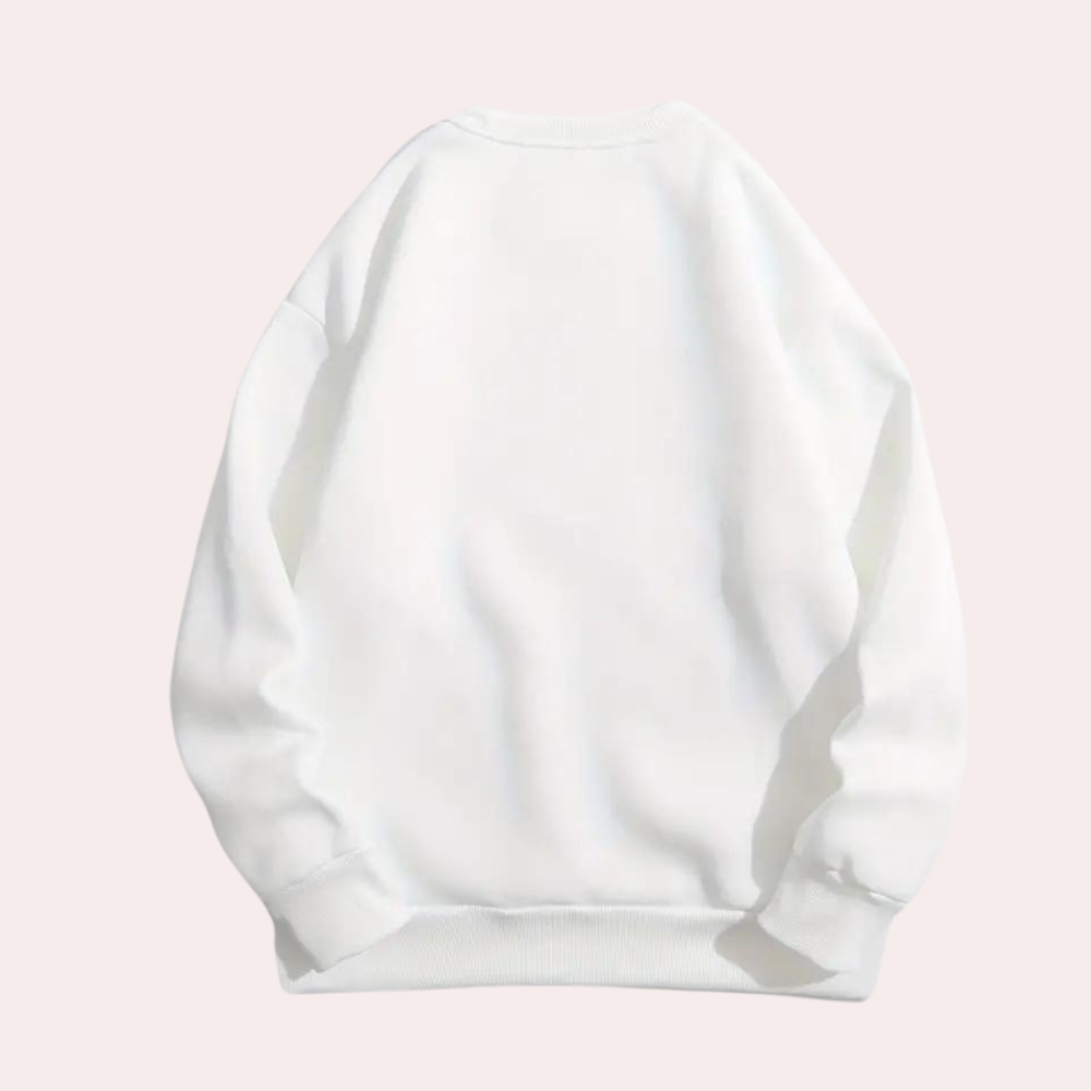 Witte oversized sweater, achterkant, unisex design, casual mode, comfortabele pasvorm, katoenmix, minimalistisch, trendy kledingstuk.