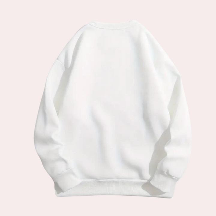 Witte oversized sweater, achterkant, unisex design, casual mode, comfortabele pasvorm, katoenmix, minimalistisch, trendy kledingstuk.