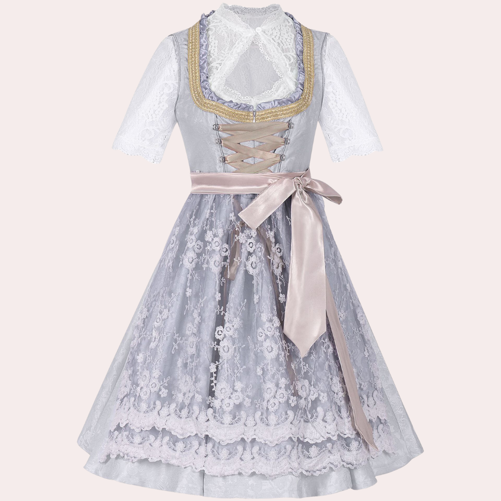 Grijze dirndl jurk met witte kanten blouse, roze satijnen lint en bloemenpatroon. Traditionele Beierse kleding, perfect voor Oktoberfest.